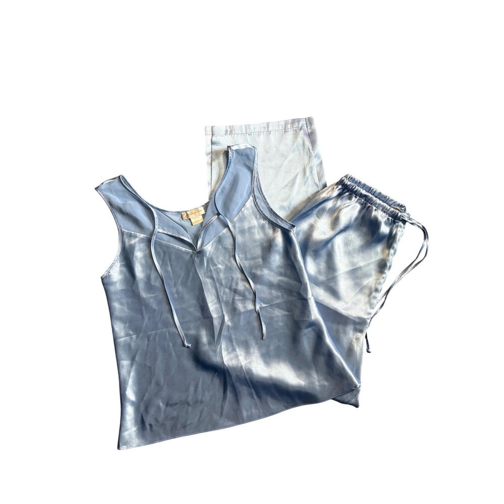 Vintage Jones New York Baby Blue Satin Pajama Set Small Tie Front Y2K Sleepwear